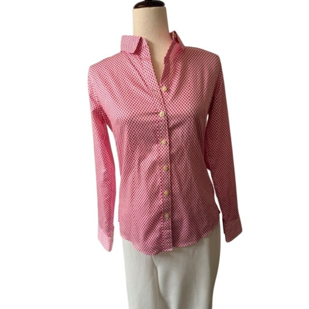 Banana Republic Pink White Blouse Geometric Print Button Up Size 4 - Picture 3 of 7